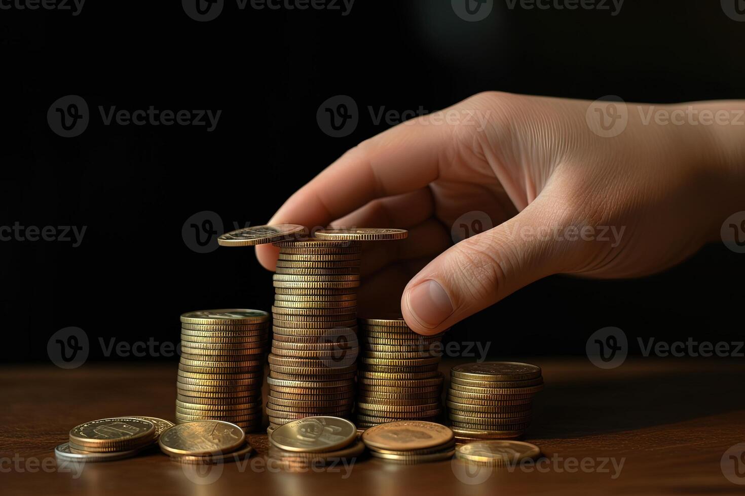 A Human Hand Stacking Golden Coins for Saving or Business Invest Concept. Generative AI. photo