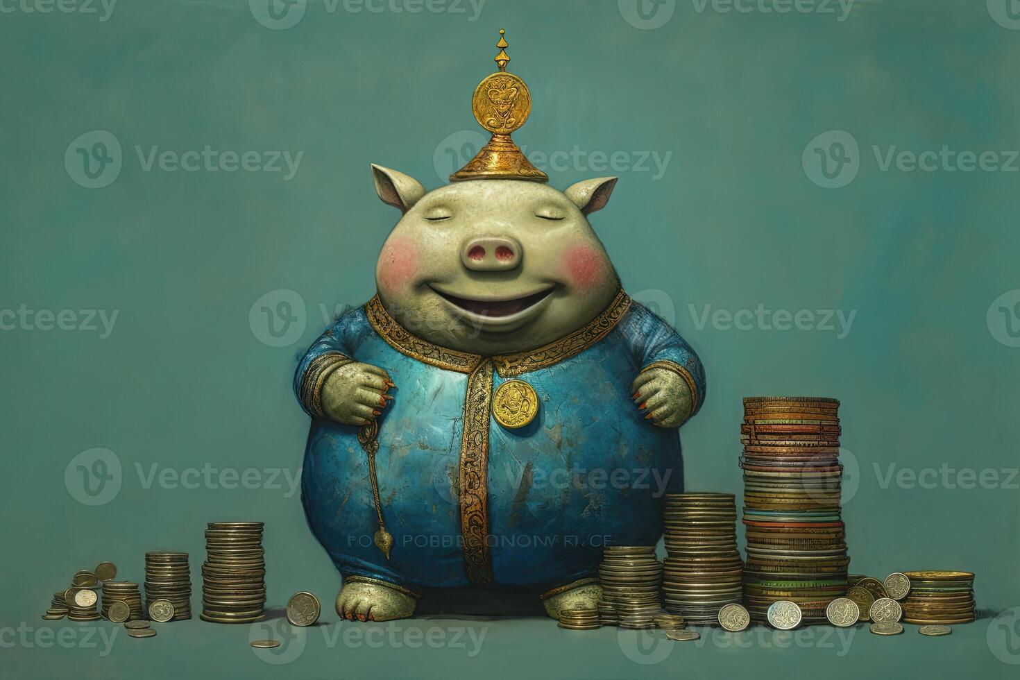 A Happy Piggy Bank Sits with Stack of Coins Isolated on Blue Background. . photo