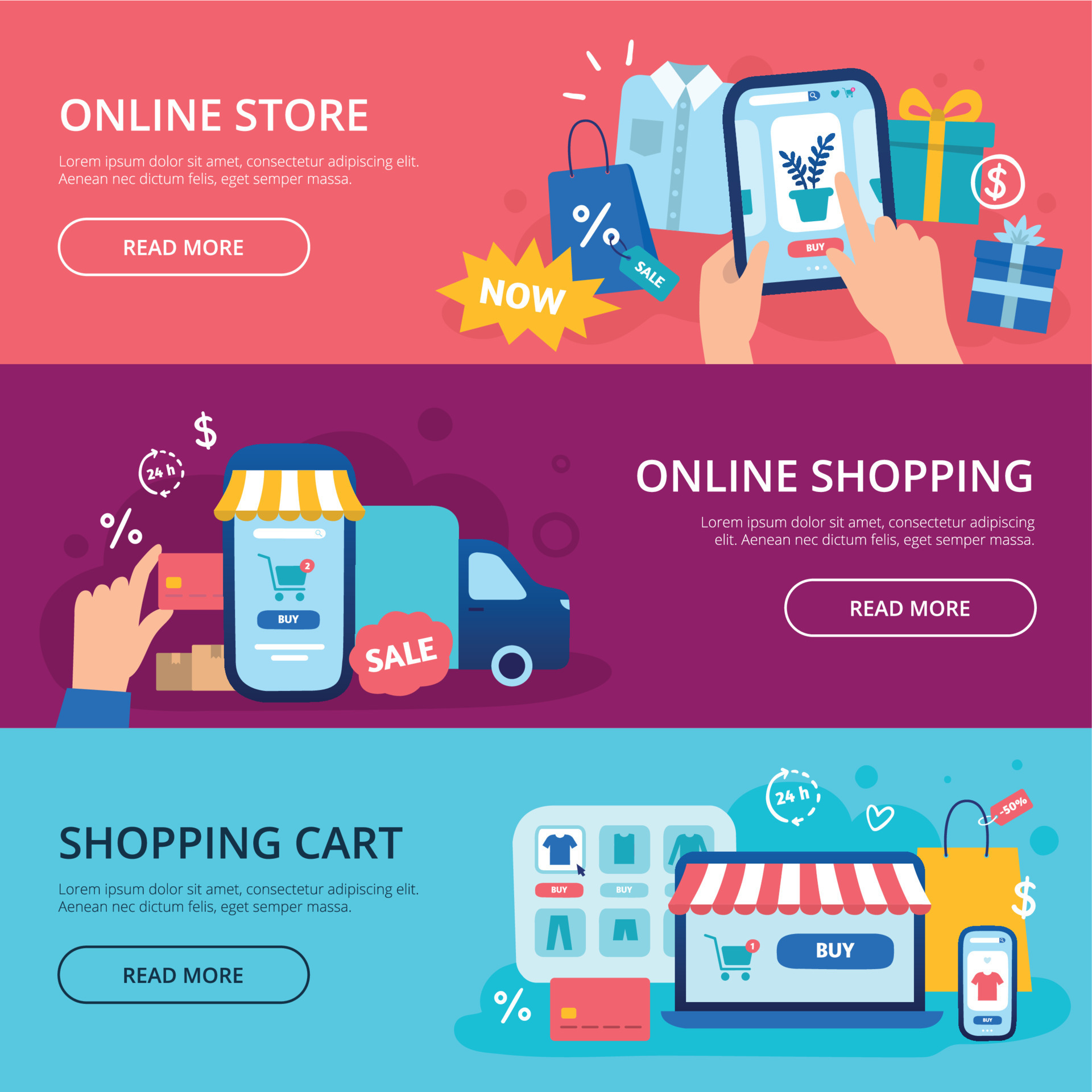 Online shopping banner.  store credit card, shop cart and