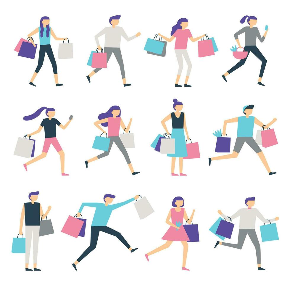 People with shopping bags. Shopaholic man and excited woman carrying bag. Happy people buy presents on sale vector characters set