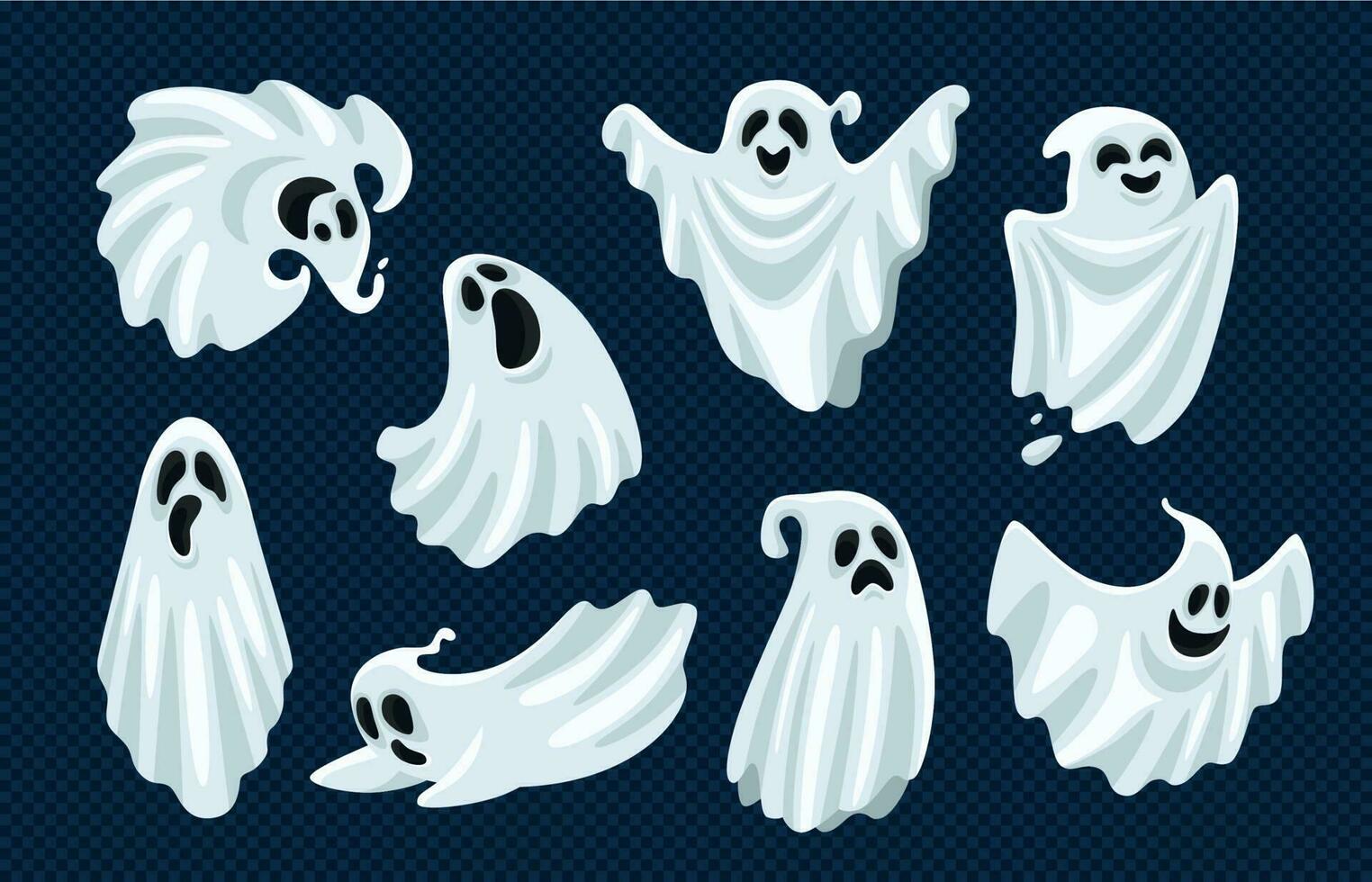 fantasma personaje. Víspera de Todos los Santos de miedo fantasmal monstruo, muerto abucheo espectro y escalofriante mosca anima aislado dibujos animados vector conjunto