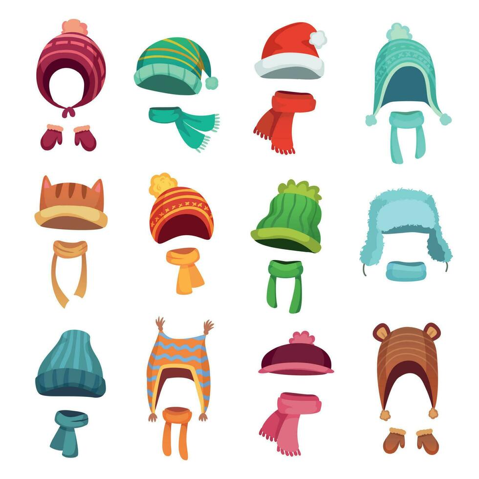 Winter kids hat. Warm childrens hats and scarves. Headwear and accessories for boys and girls cartoon vector set