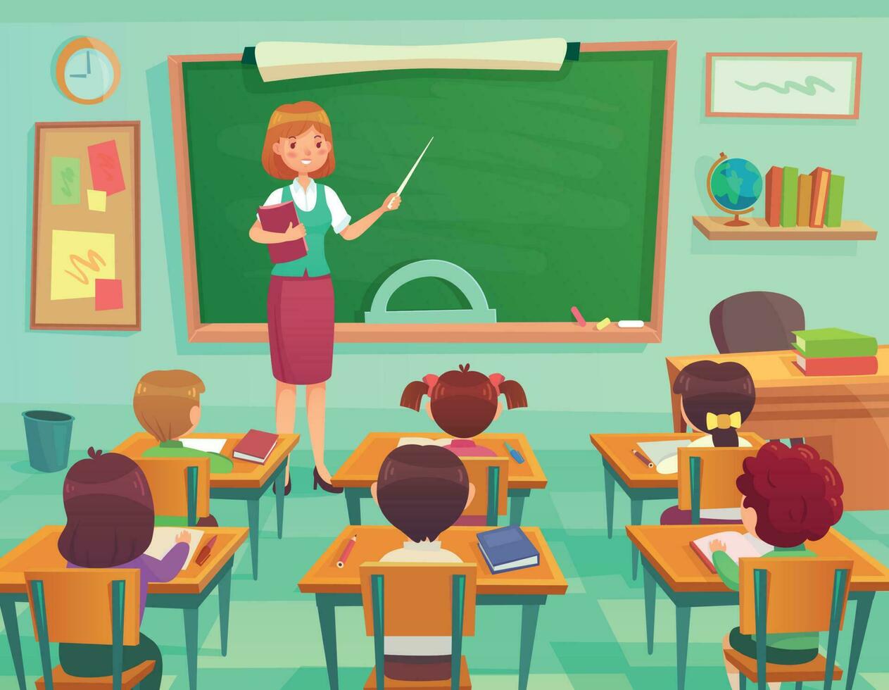Classroom with kids. Teacher or professor teaches students in elementary school class. Student learn on lessons vector illustration
