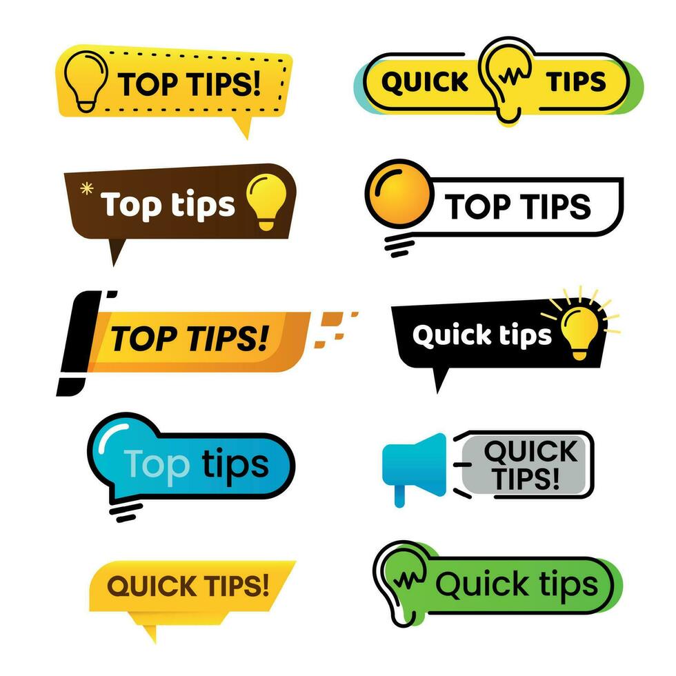 Quick tips. Idea suggestion, tricks solutions advice and best solution tip isolated vector banner sign