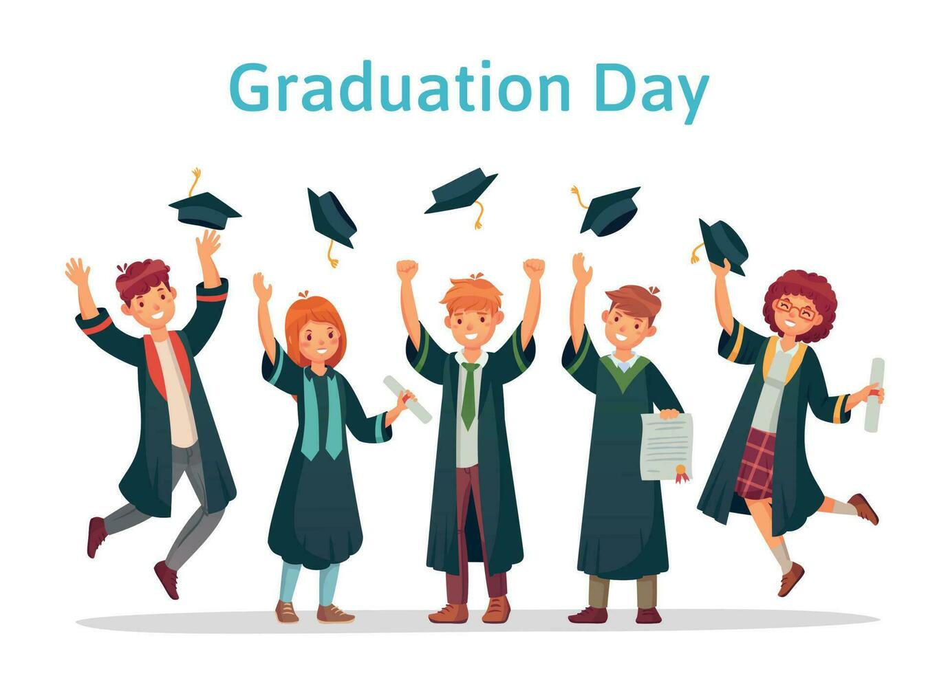 Graduate students. Graduation day of university student, success exam and college group throwing up academic caps vector illustration