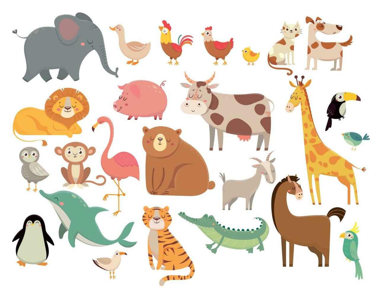 Cartoon animals. Cute elephant and lion, giraffe and crocodile, cow and chicken, dog and cat. Farm and savanna animals vector set