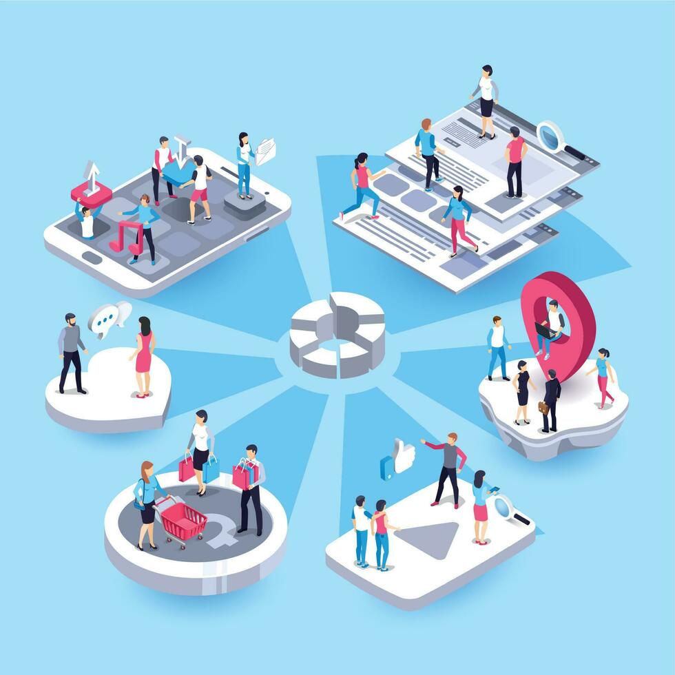 3d isometric marketing people. Social media market, interests target group representatives and business customers map vector concept