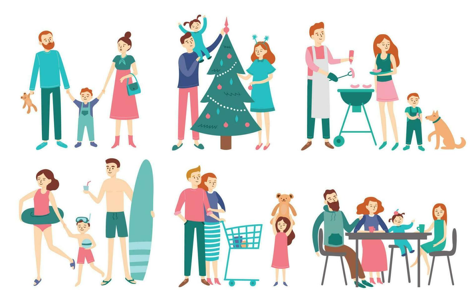 Flat family people. Father, mother and kids together celebrate christmas or rest on beach. Couple with children on shopping vector set