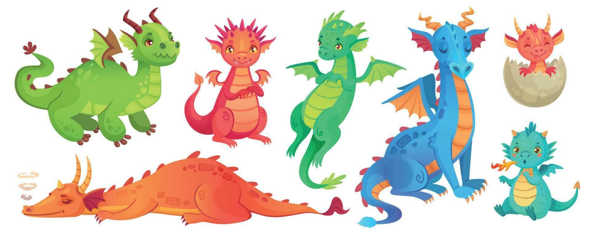 Fairy dragons. Funny fairytale dragon, cute magic lizard with wings and baby fire breathing serpent cartoon isolated vector set