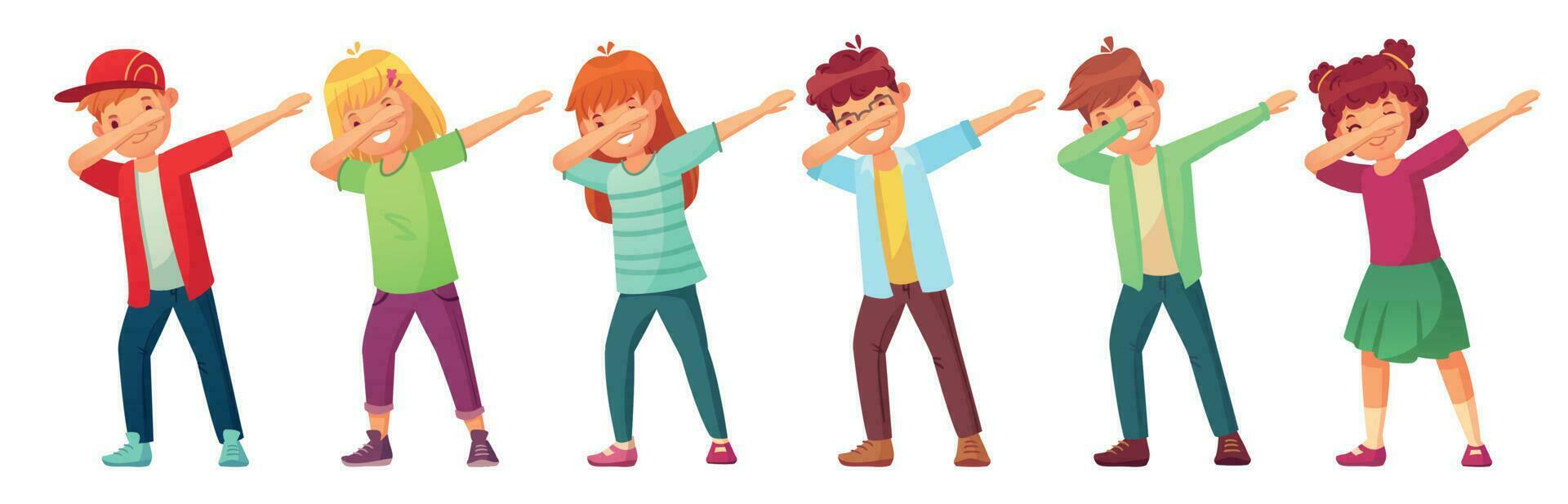 Dabbing kids. Teenagers in dab dance pose, school kid dancing performance and teenager making dab cartoon vector illustration