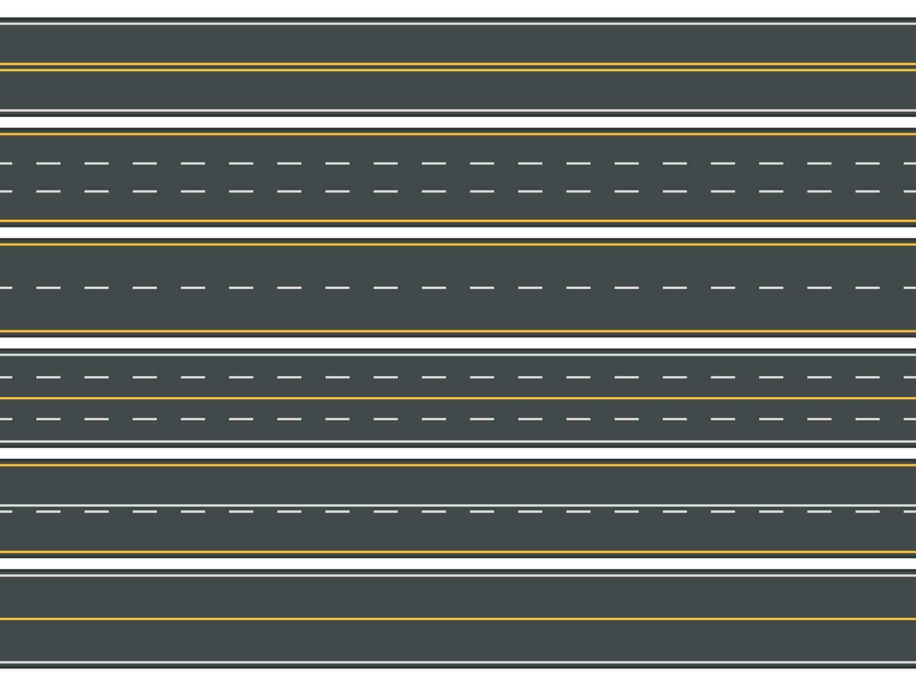 Highway road marking. Horizontal straight asphalt roads, modern street roadway lines or empty highways markings vector illustration set