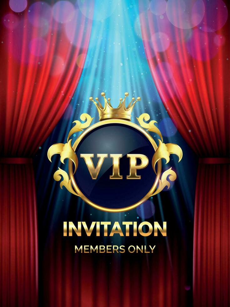 Premium invitation card. Vip party invite with golden crown and open red curtains. Grand opening banner vector template