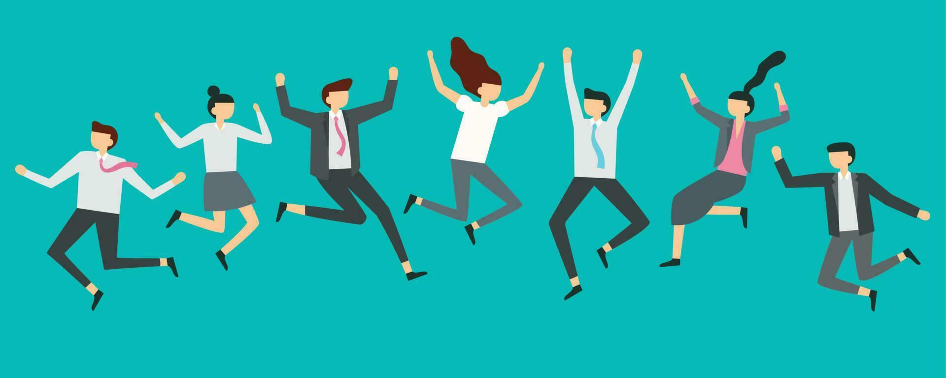 Happy jumping business people. Excited office team workers jumping at employees party, smiling professionals jump vector illustration