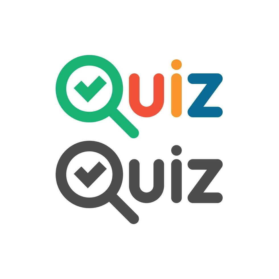 Quiz game show logo. Quizzes and test competition icon with tick symbol. Vector word logotype