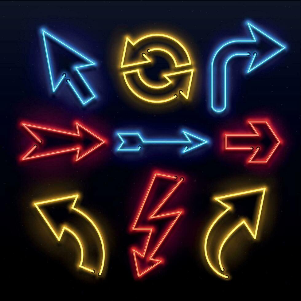 Neon light arrows. Colorful bulb lines arrow. Nightlife tube lights arrowhead pointers. Lamps vivid vector set