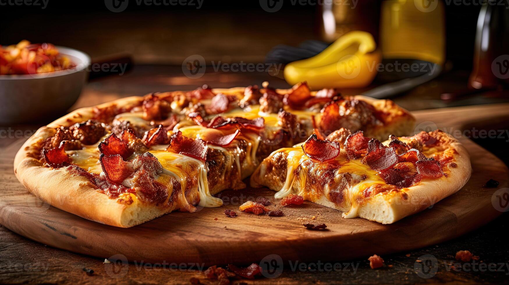 Spicy Bacon Cheese Pizza on Wooden Cutter Board for Fast Food Concept. . photo