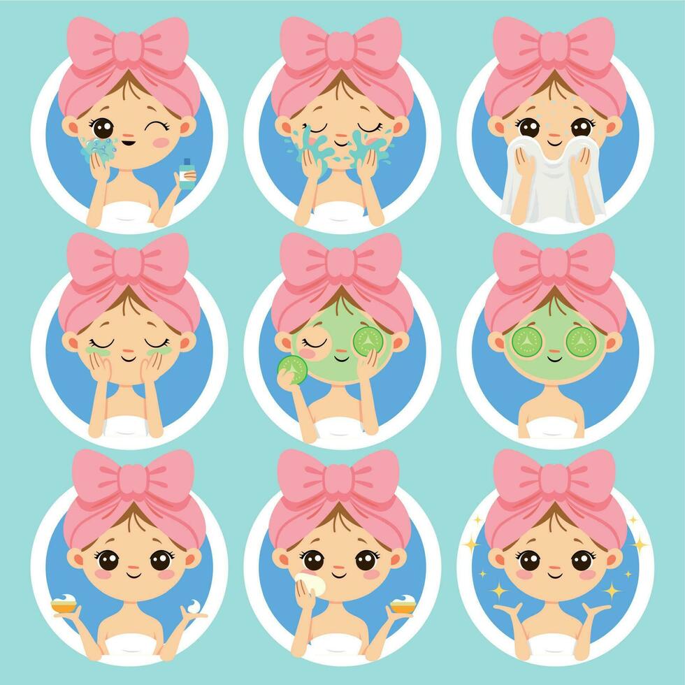 Woman face skin care. Healthy and beauty skincare, clean skin on fresh woman faces. Wash and clear face cartoon vector illustration