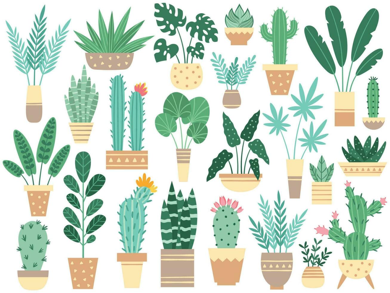 Home plants in pots. Nature houseplants, decoration potted houseplant and flower plant planting in pot vector isolated illustration