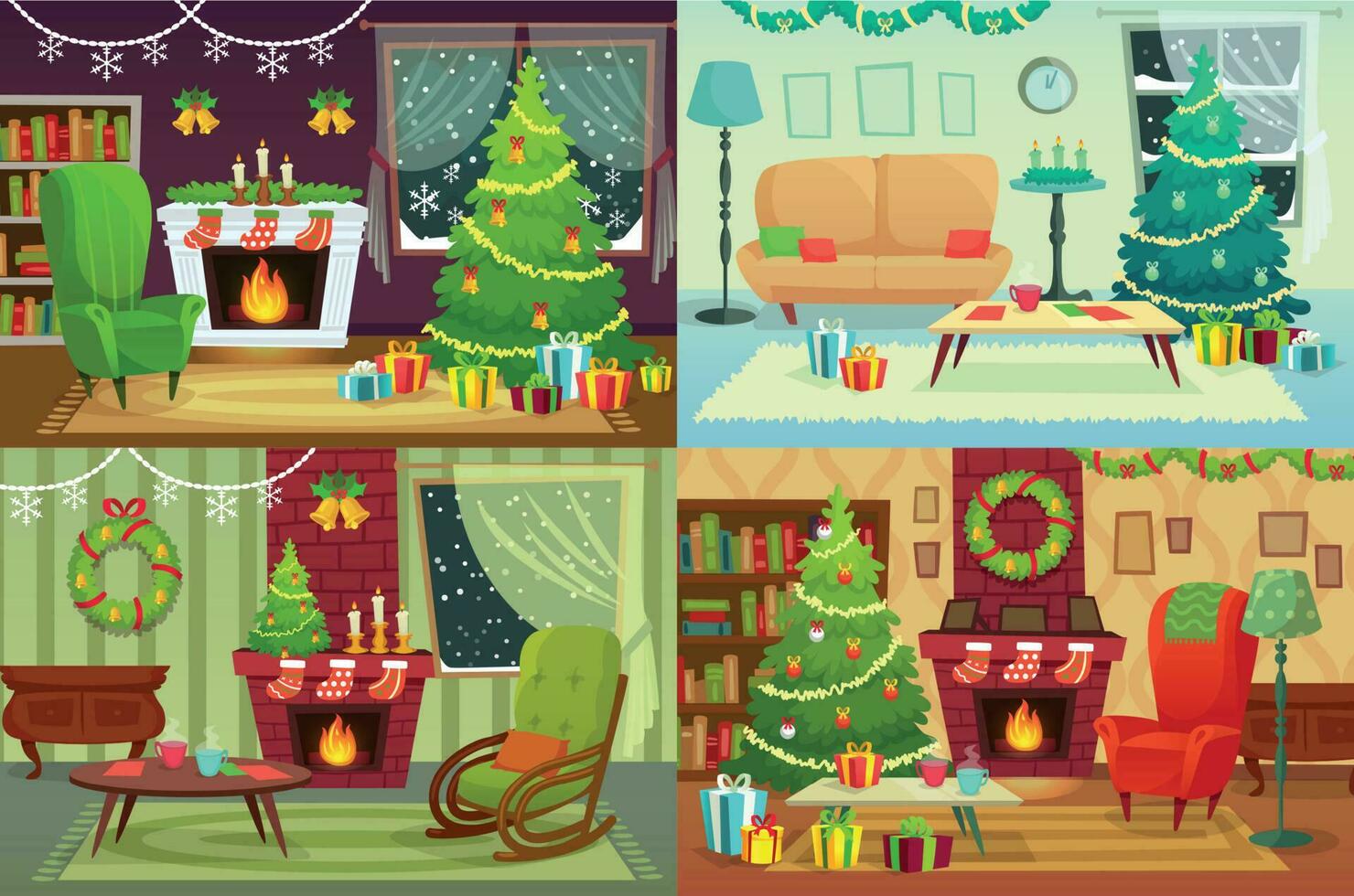 Christmas room interior. Xmas home decoration, Santa gifts under traditional tree and winter holiday house interior vector illustration