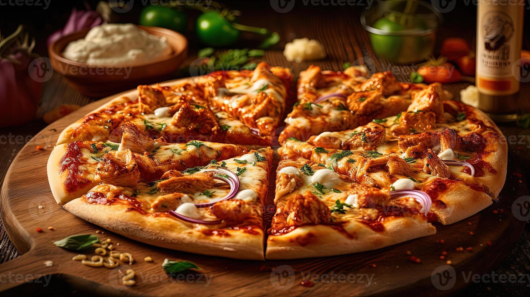 Whole BBQ Chicken Pizza on Wooden Cutter Board for Fast Food and Ready To Eat Concept. Generative AI. photo
