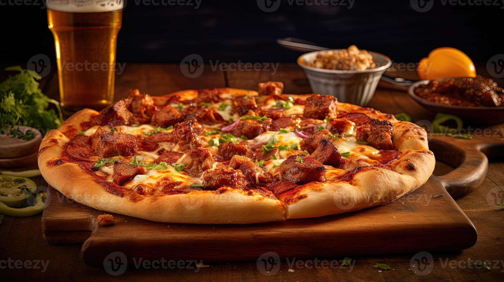 Whole Delicious Chicken Pizza on Wooden Cutter Board for Fast Food and Ready To Eat Concept. . photo