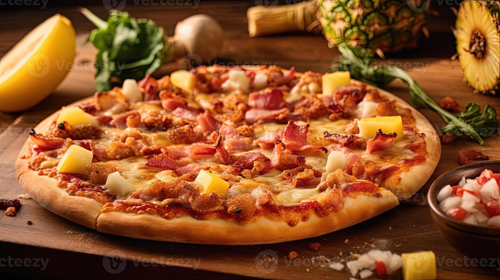 Whole Delicious Pizza with Pineapple, Bacon Slice, Mozzarella Cheese, Sauce on Wooden Background for Fast Food and Ready To Eat Concept. Generative AI. photo