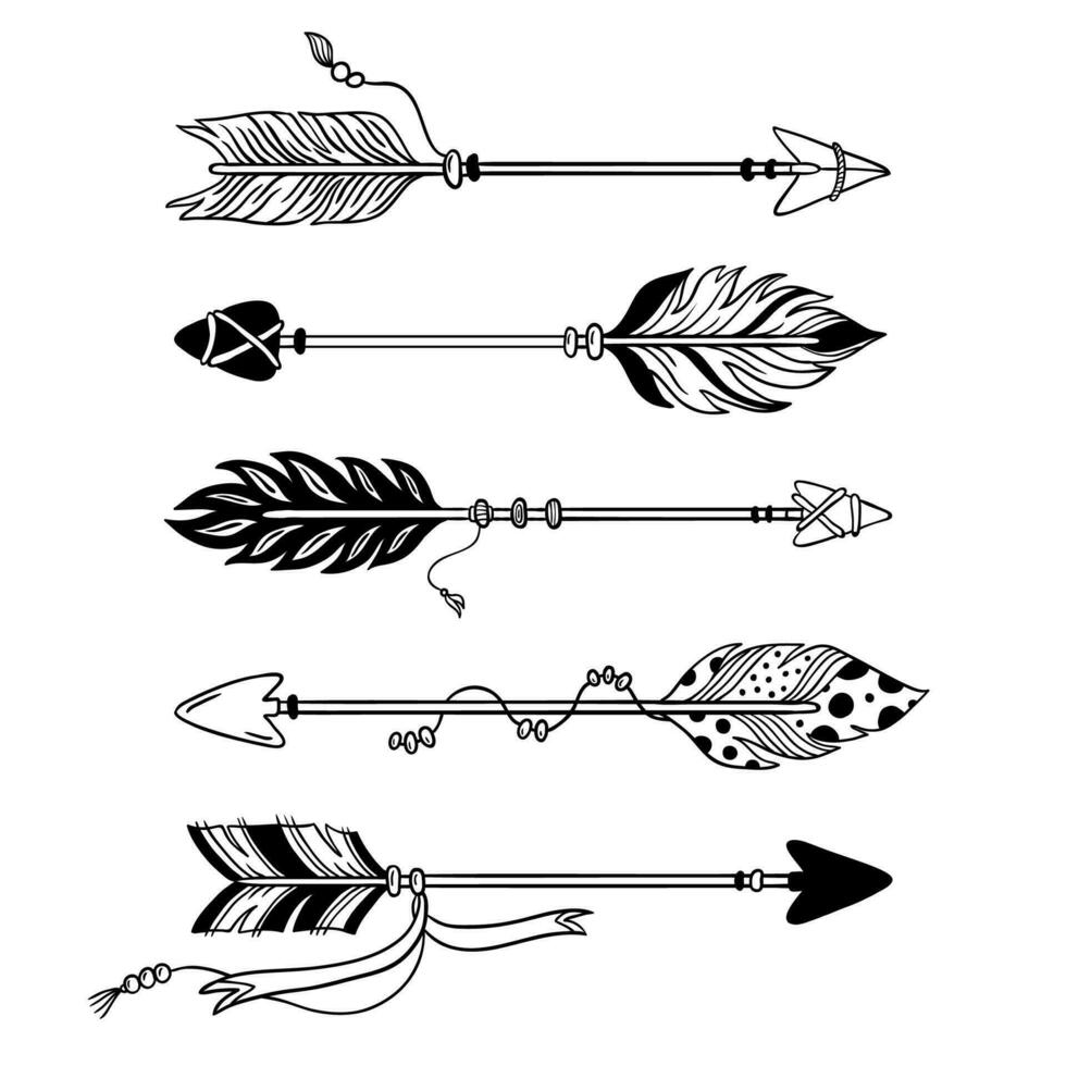 Ethnic arrows. Hand drawn feather arrow, tribal feathers on pointer and decorative boho bow isolated vector set