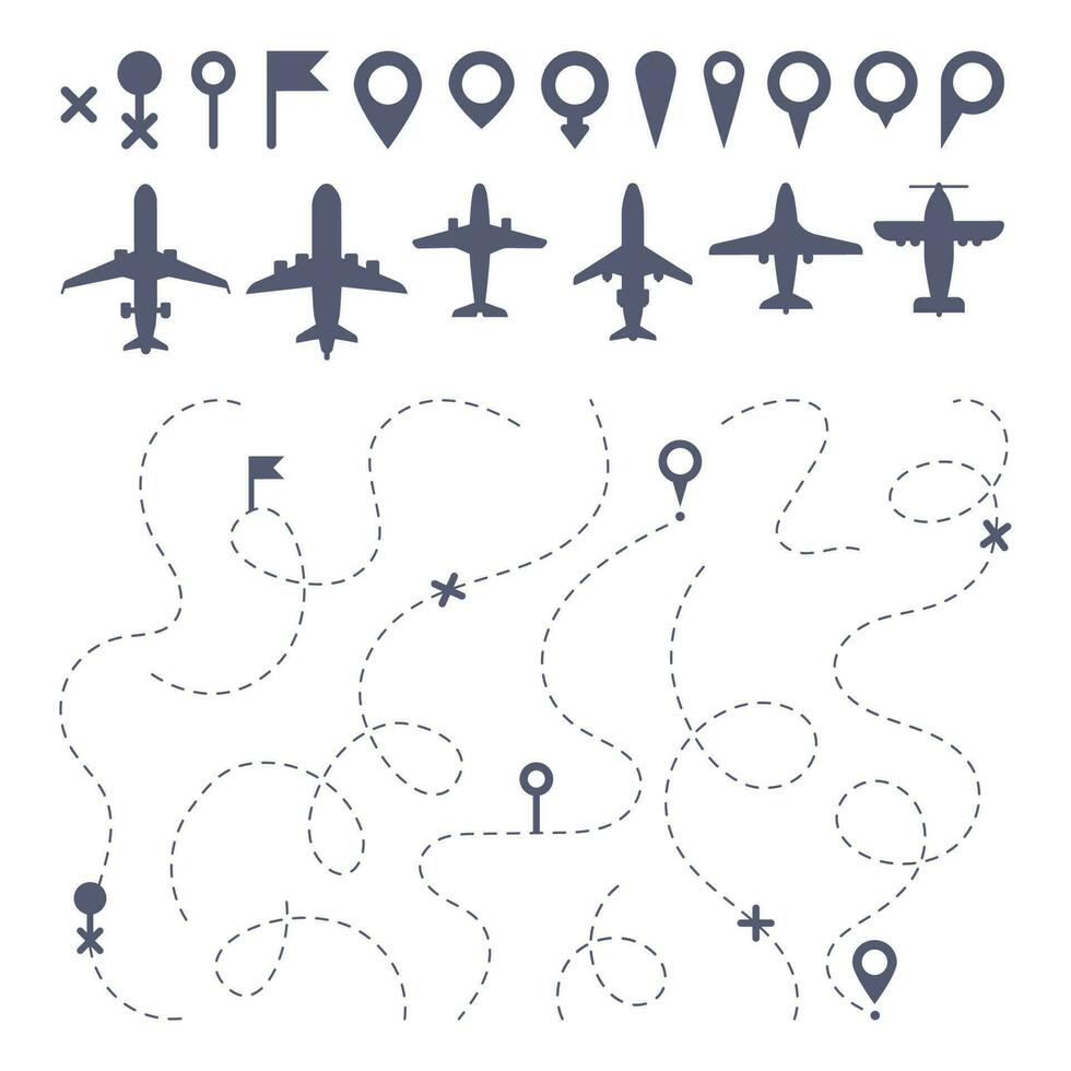 Plane route line. Planes dotted line trail directions, flight pathway direction map builder and airplane icons vector set