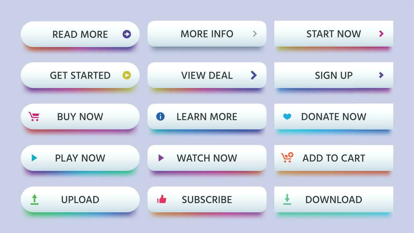 Rectangle button. Call to action buttons, learn or read more and buy now icon. Modern gradients isolated vector set
