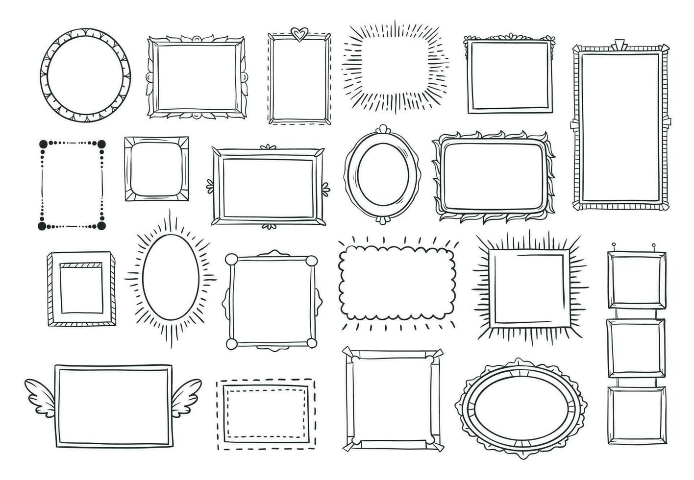 Hand drawn frames. Vintage doodle sketch picture frame. Blank black square cadre sketches painted by hands vector set