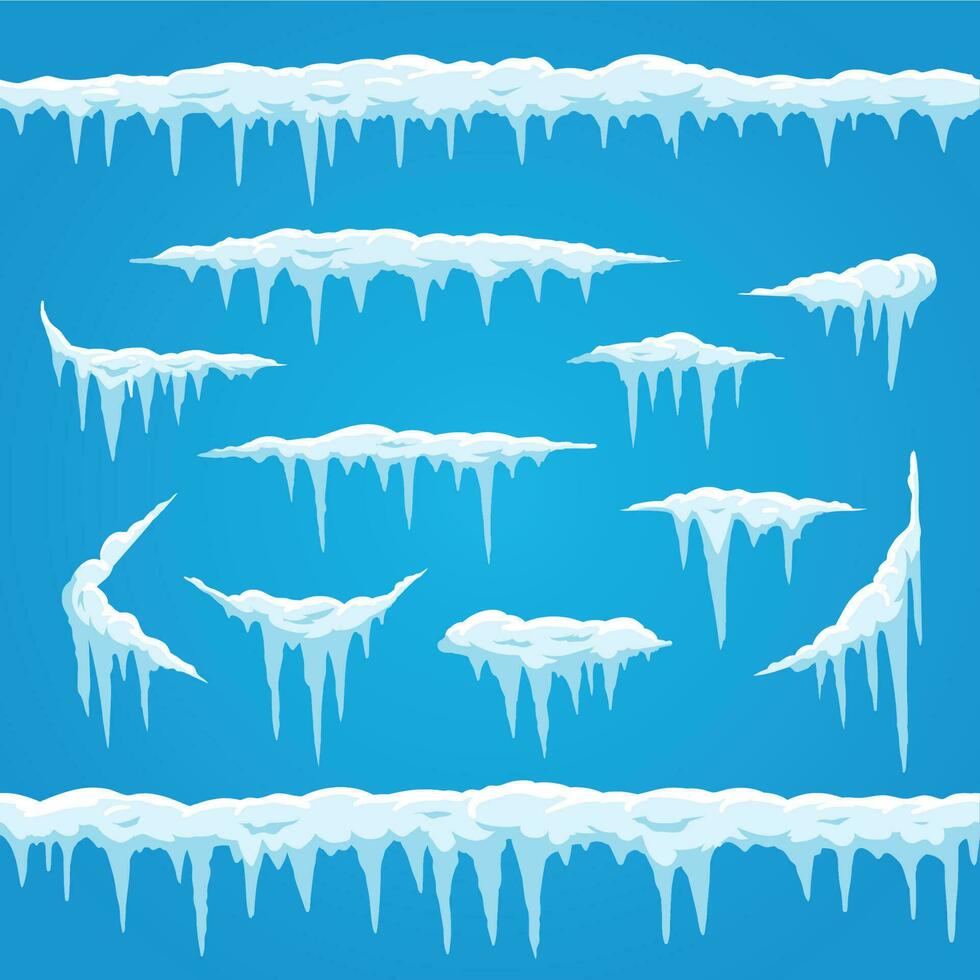 dibujos animados carámbanos hielo gorra. invierno escarchado nieve marco para nevada signo. parte superior de capa de nieve, nevado marcos fronteras vector conjunto
