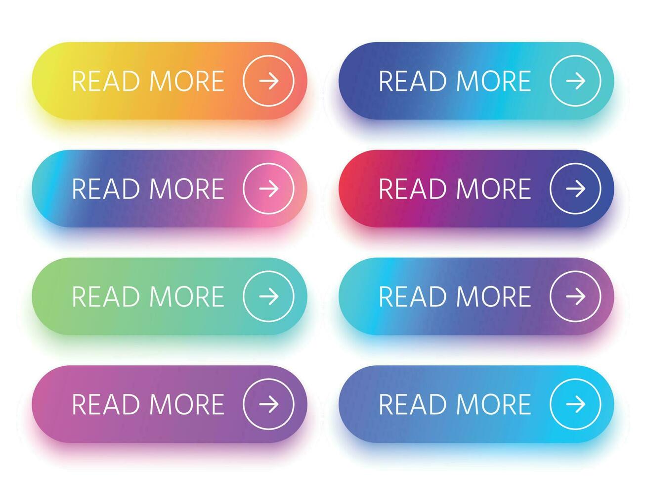 Colorful buttons with Read more sign and arrow icon. Action button with vivid gradient isolated vector icons in collection