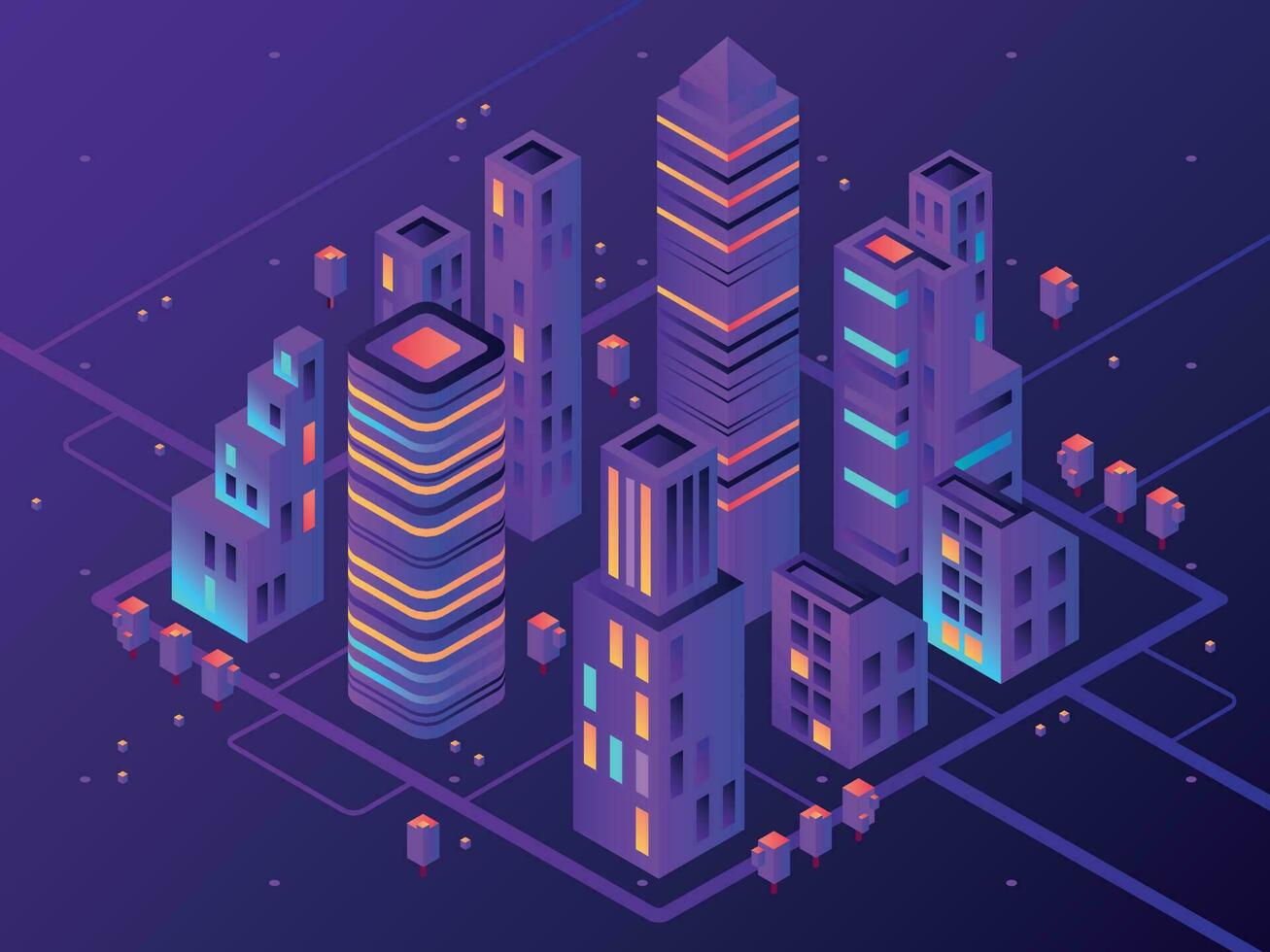 Isometric neon town. Futuristic illuminated city, future megapolis highway illumination and business district 3d vector illustration