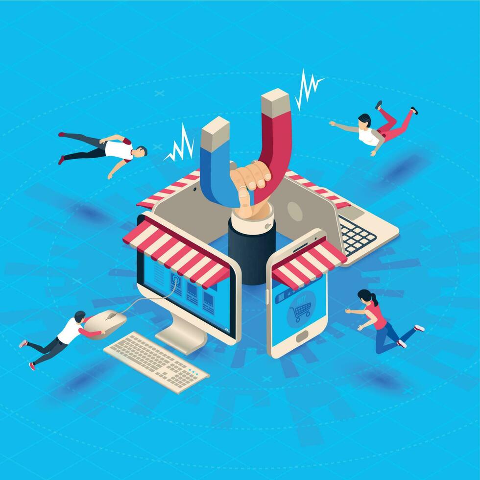 Web store customer attraction. Attract buyers, isometric retain loyal clients and social media business marketing vector illustration