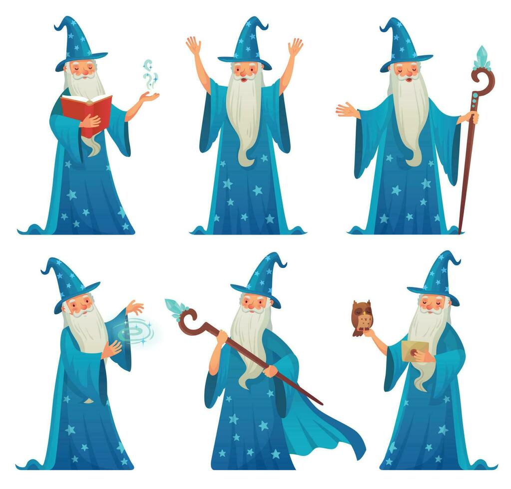 Cartoon wizard character. Old witch man in wizards robe, magician warlock and magic medieval sorcerer isolated vector set