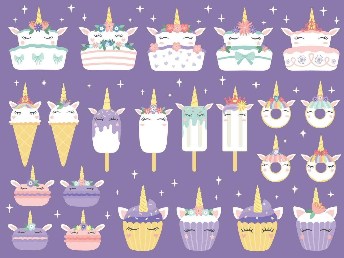 Unicorn desserts. Unicorns macaron, delicious bakery cake funny chocolate cupcake and donut. Rainbow ice cream and cupcakes vector set
