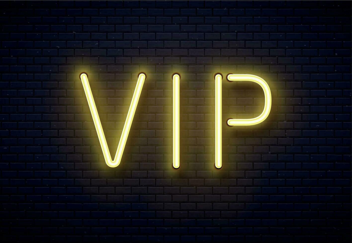 VIP neón signo. elegante prima miembros club, lujo bandera con dorado fluorescente neones tubo lamparas en ladrillo pared vector ilustración