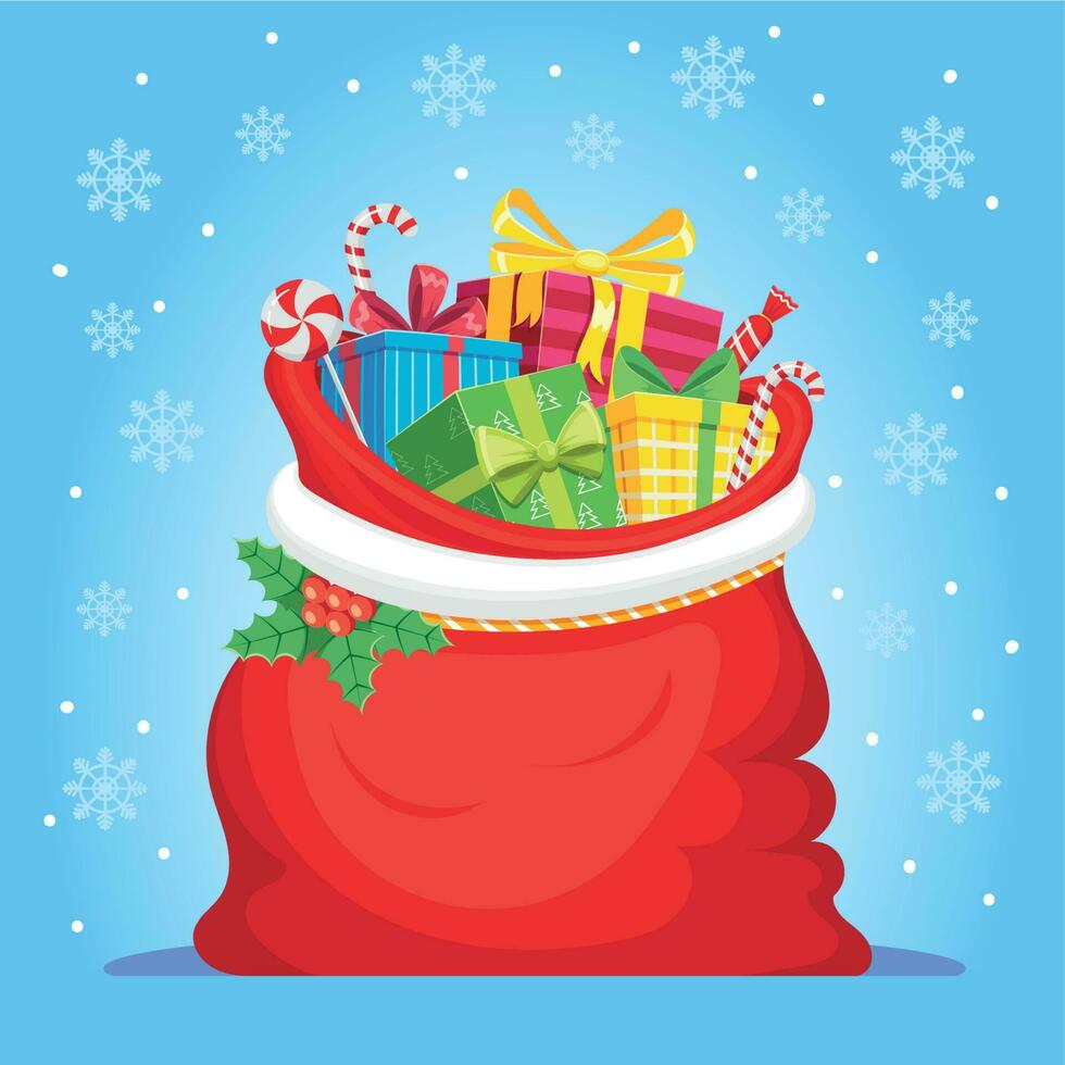 regalos de santa claus en bolsa. Saco de regalos de Navidad, montón de regalos de dulces e ilustración de vectores de Navidad