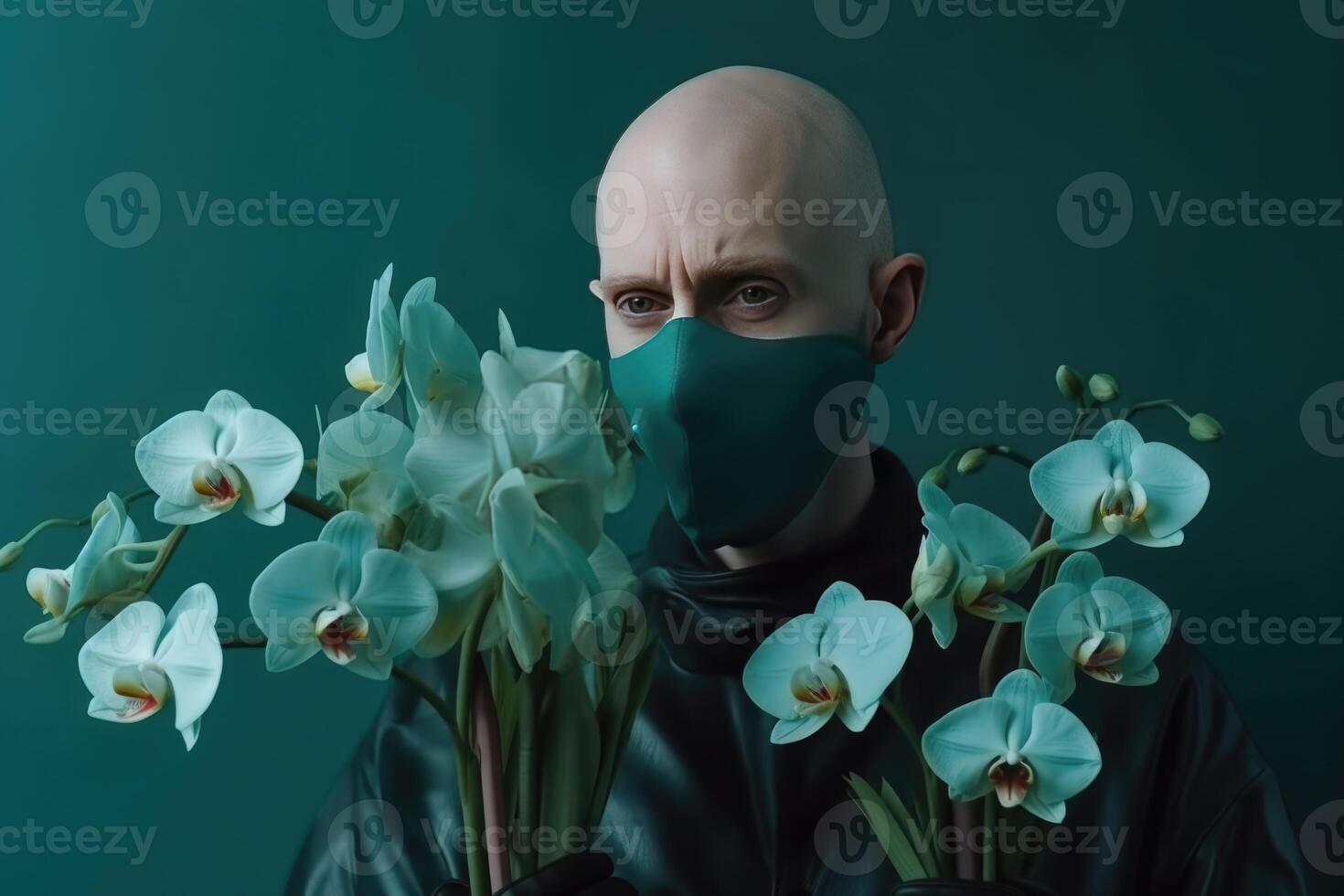 de cerca retrato de rubio calvo hombre en protector máscara y participación orquídea flor ramo de flores en verde antecedentes. generativo ai. foto