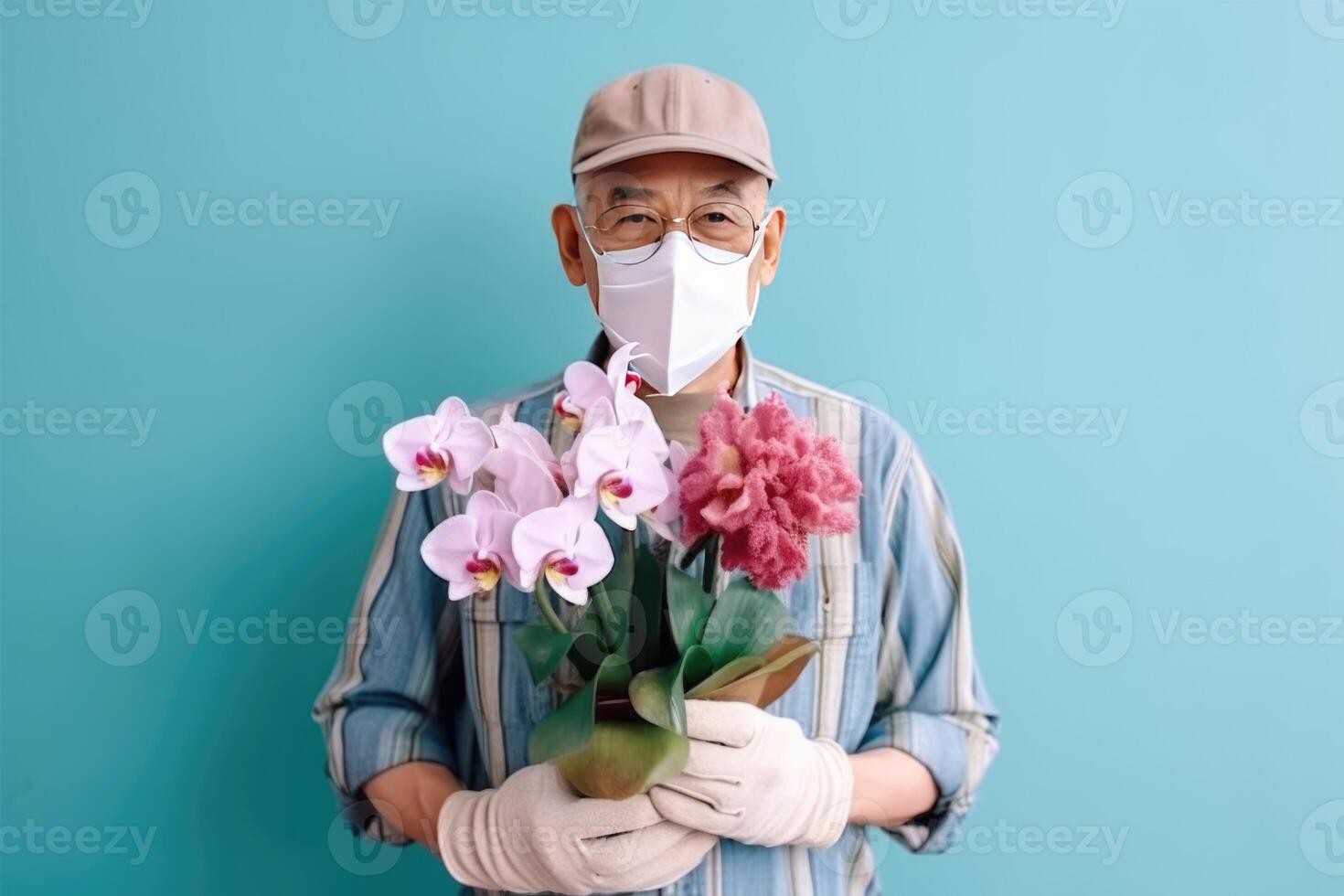 Portrait of Elderly Asian Male Florist Wearing Mask and Holding Flower Bouquet on Blue Background. . photo