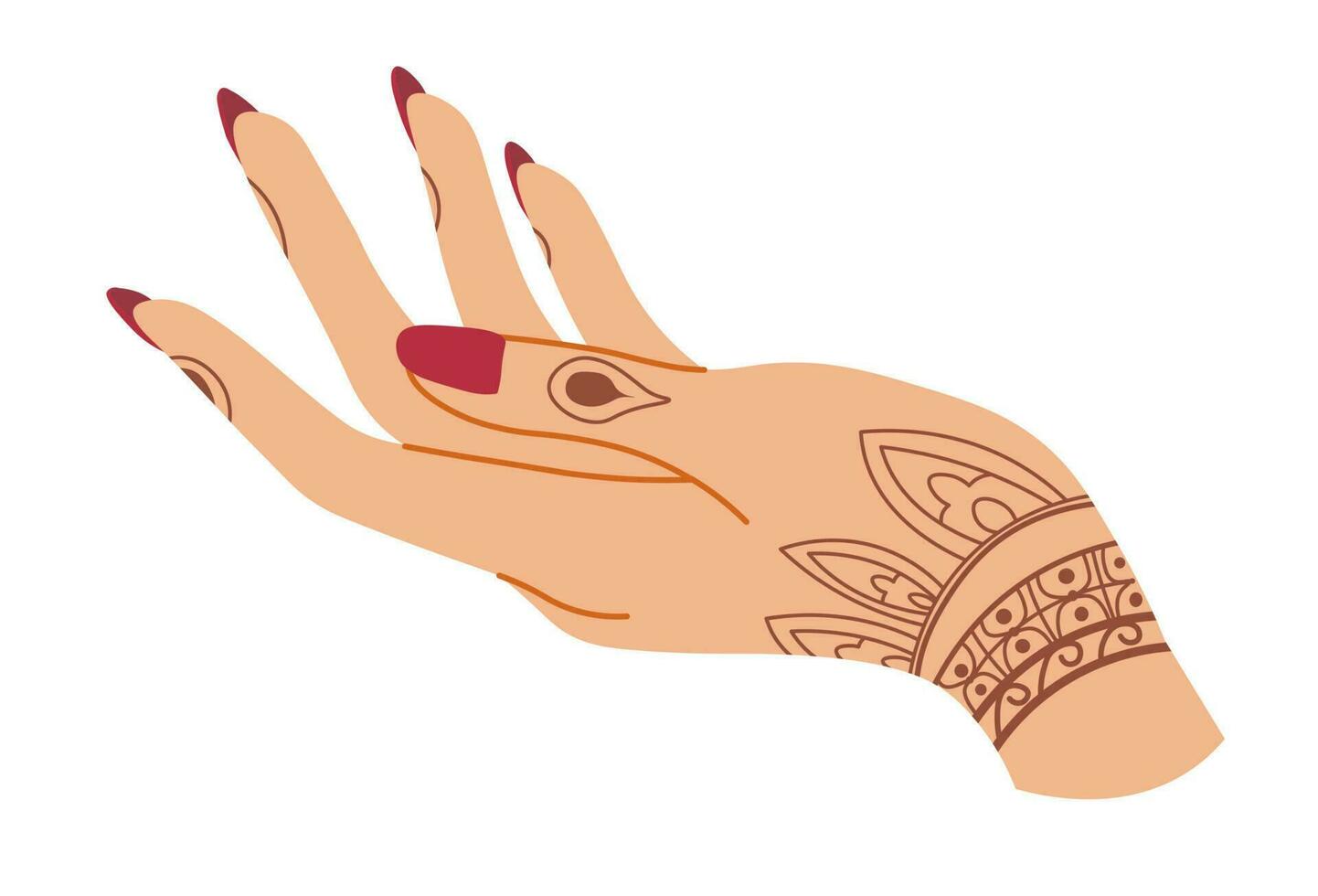 Hand with manicured nails and henna drawing design vector