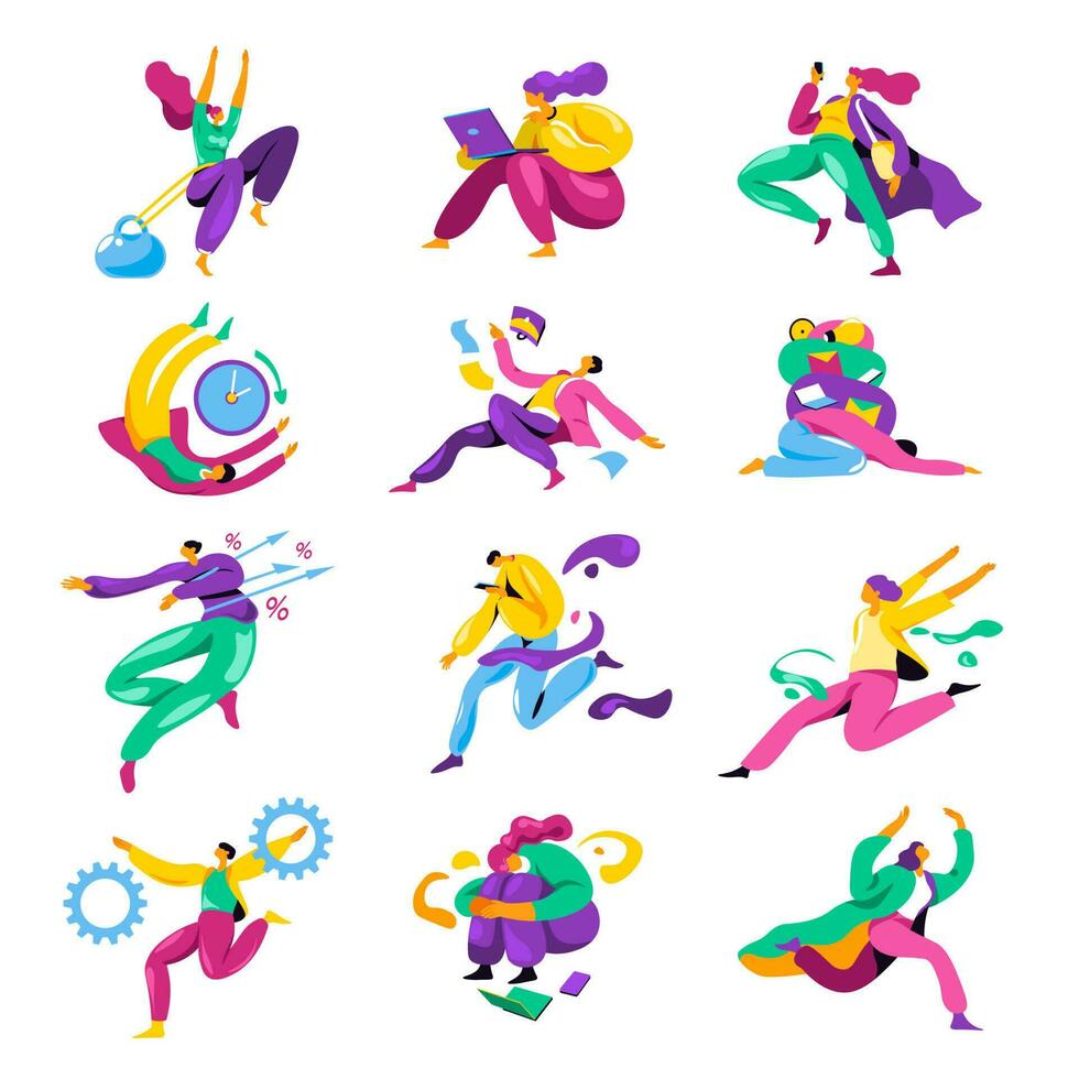 Running people, busy characters with work tasks vector