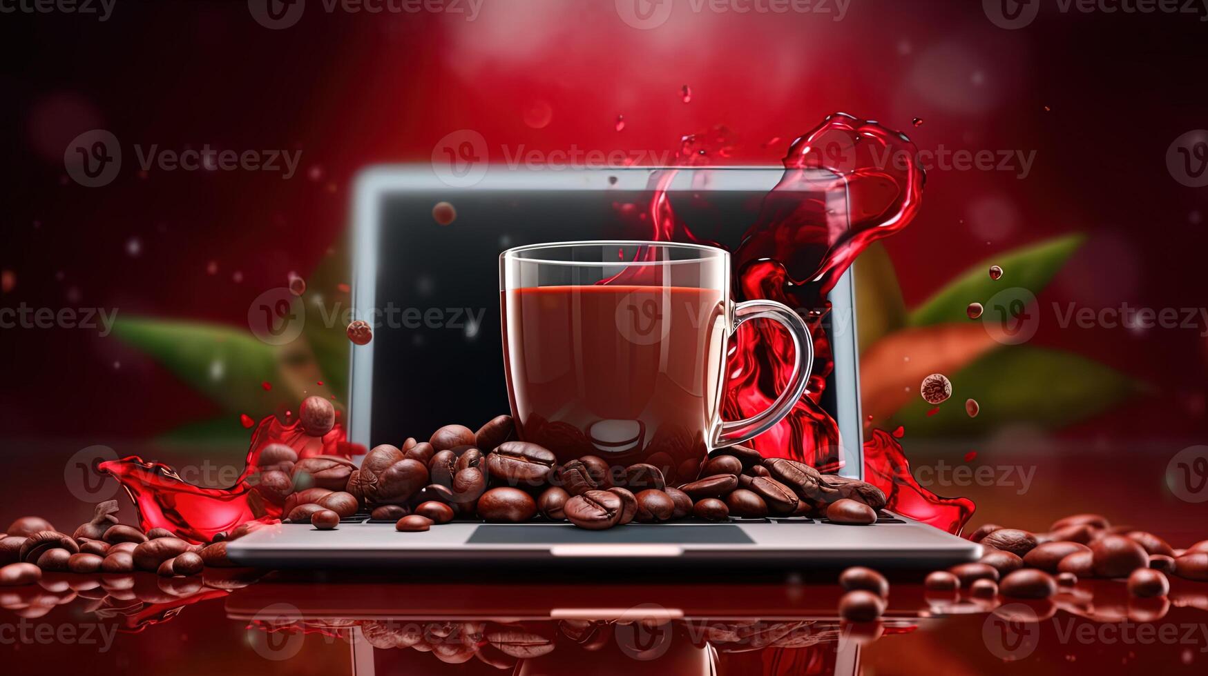 A Chocolate or Coffee Glass with Seeds on Laptop and Leaves for Online Shopping Banner Design. . photo