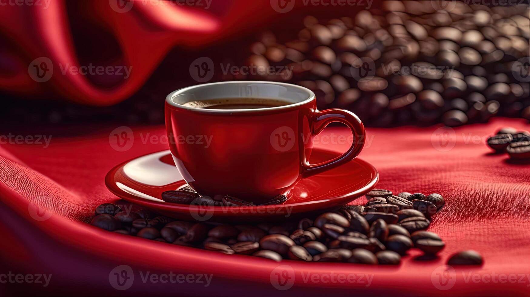 A Hot Cup of Coffee with Saucer, Seeds Strewn Reflection Shiny Red Rayon Fabric. Background. . photo