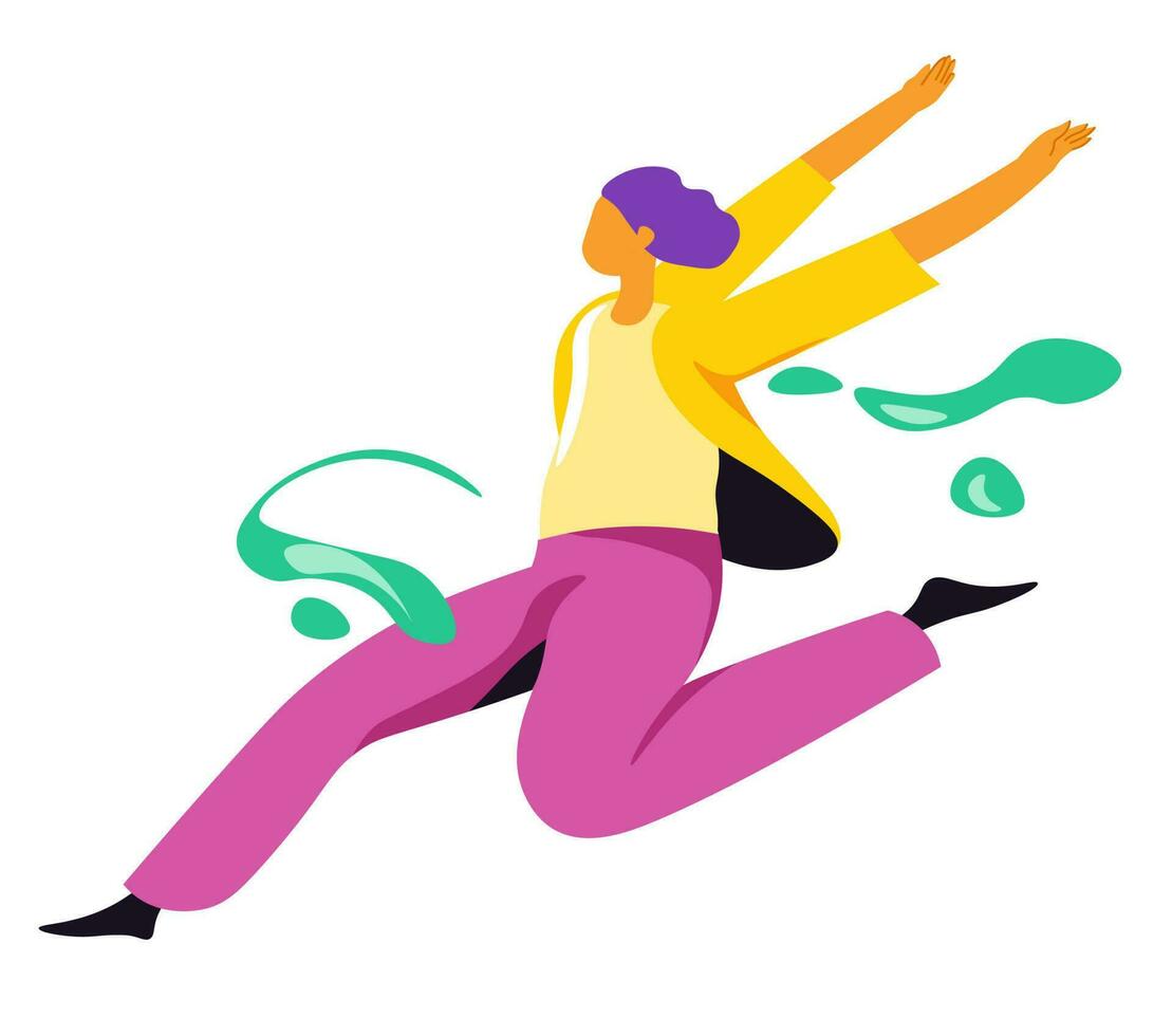 Female character running happily, excitement joy vector