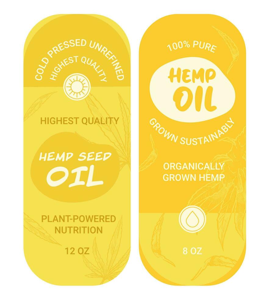 Pure hemp oil, cold pressed unrefined emblems vector