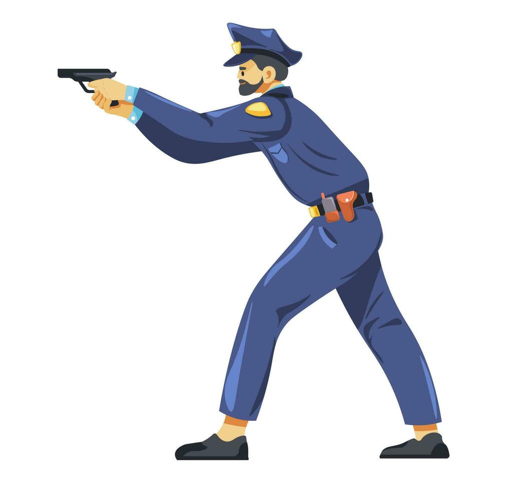Detective or officer, cop pointing gun, vector