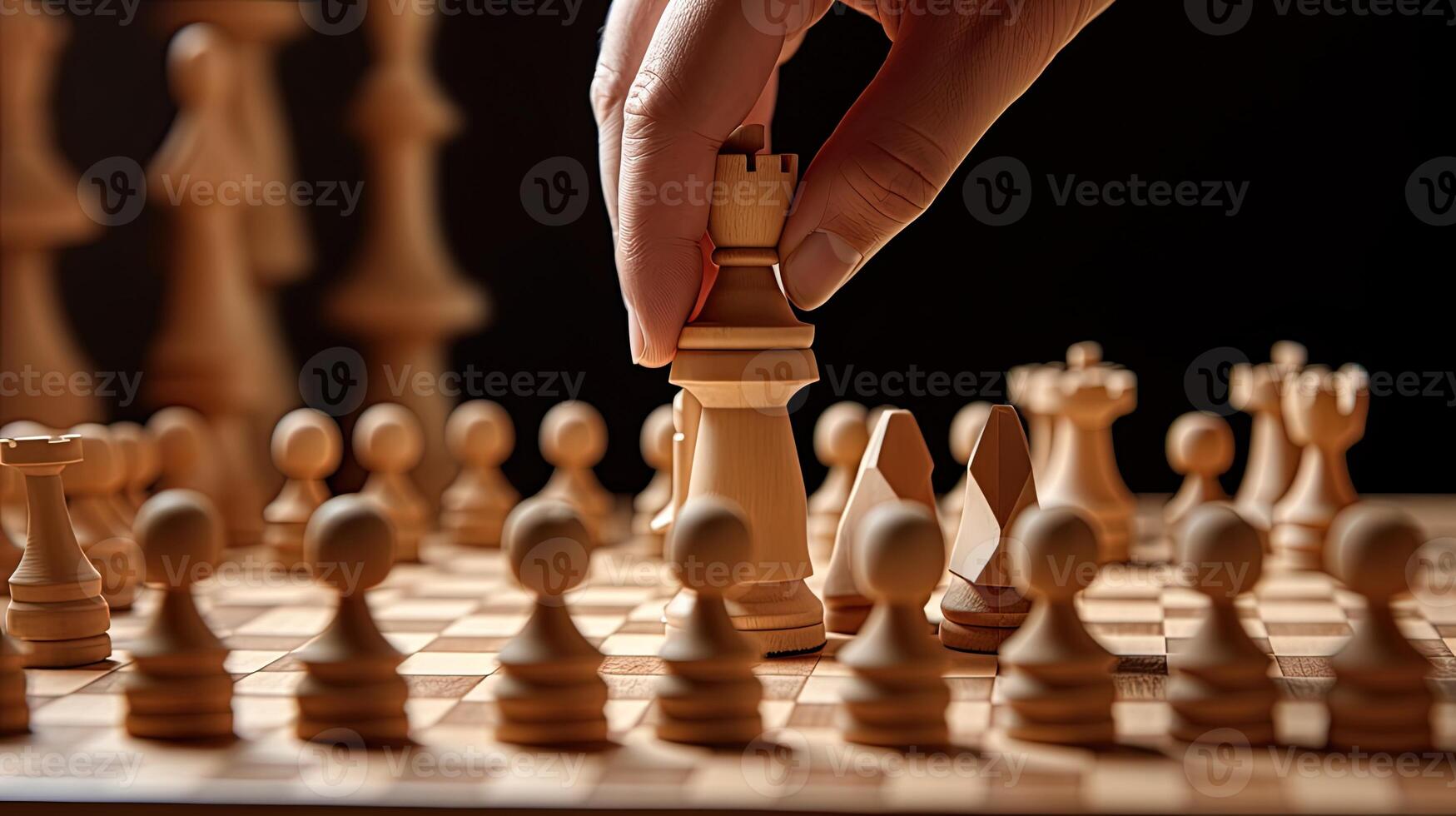 Closeup Hand of Human Taking Next Step on Chess Game. Strategy, Management or Leadership Concept. Generative AI Technology. photo
