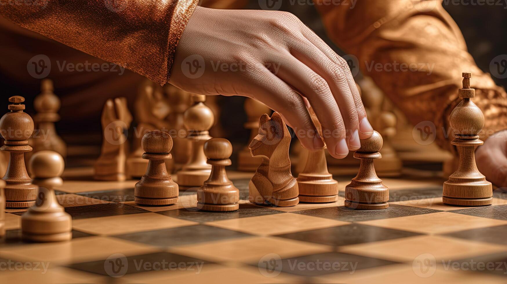 Closeup Hand of Human Taking Next Step on Chess Game. Strategy, Management or Leadership Concept. Technology. photo