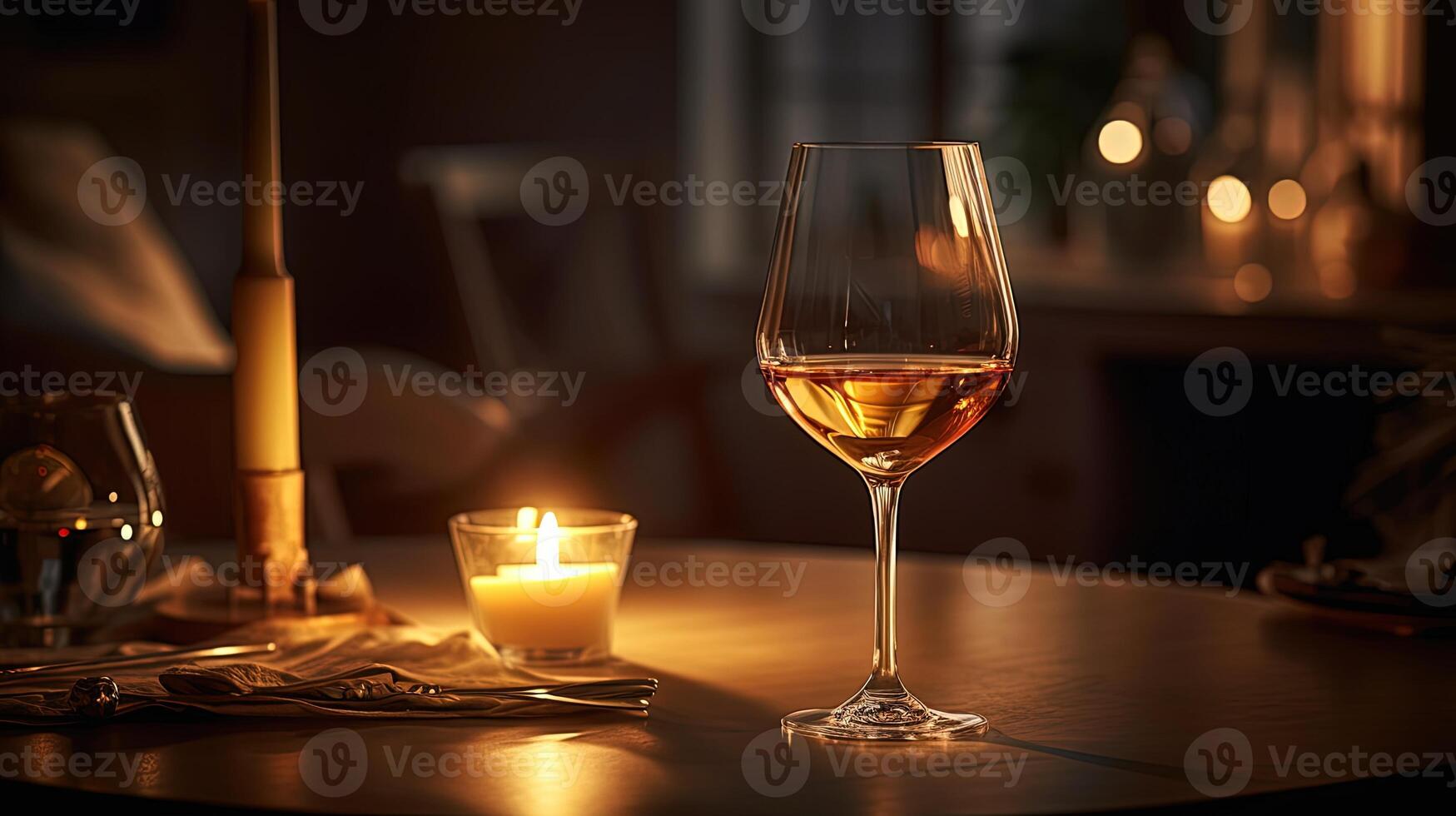 un vaso de vino con iluminar vela en mesa para noche celebracion ilustración. foto